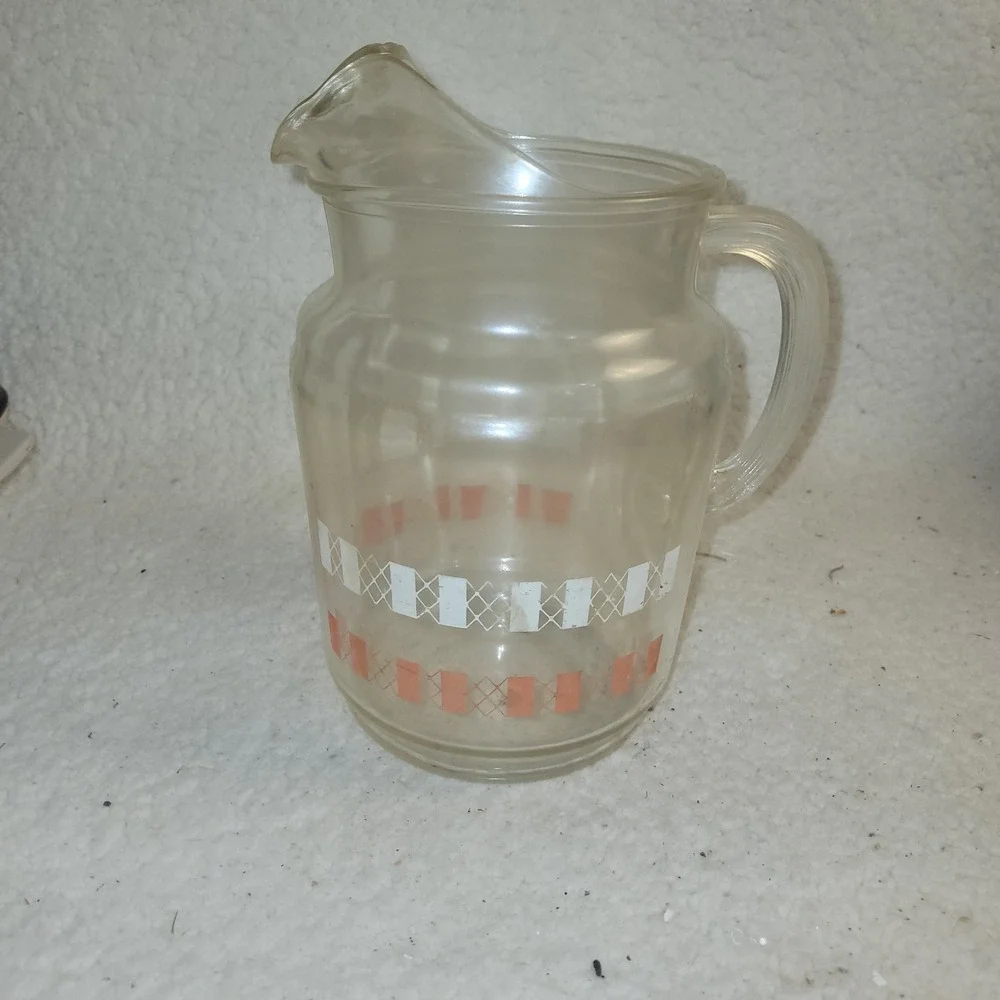 Vintage Clear Glass Pitcher Orange White Diamond Band‎ Pattern Mid Century